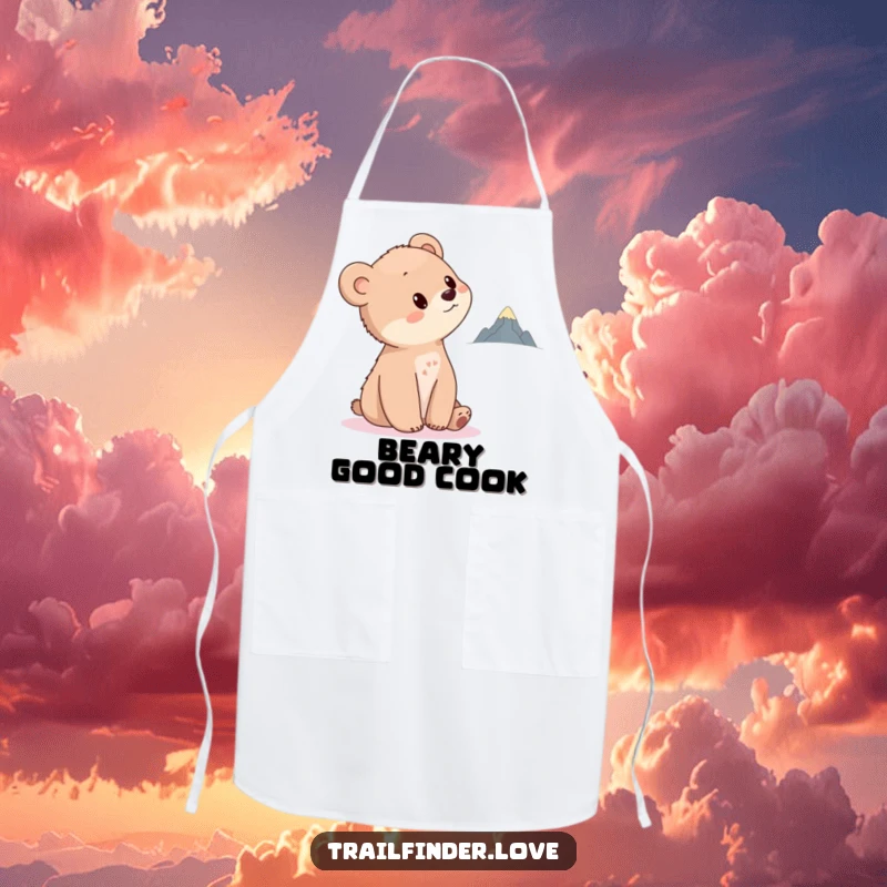 Funny Bear Cub Apron showing a curious cub tilting its head towards a distant, tiny mountain, adding a touch of whimsy to kitchen wear.