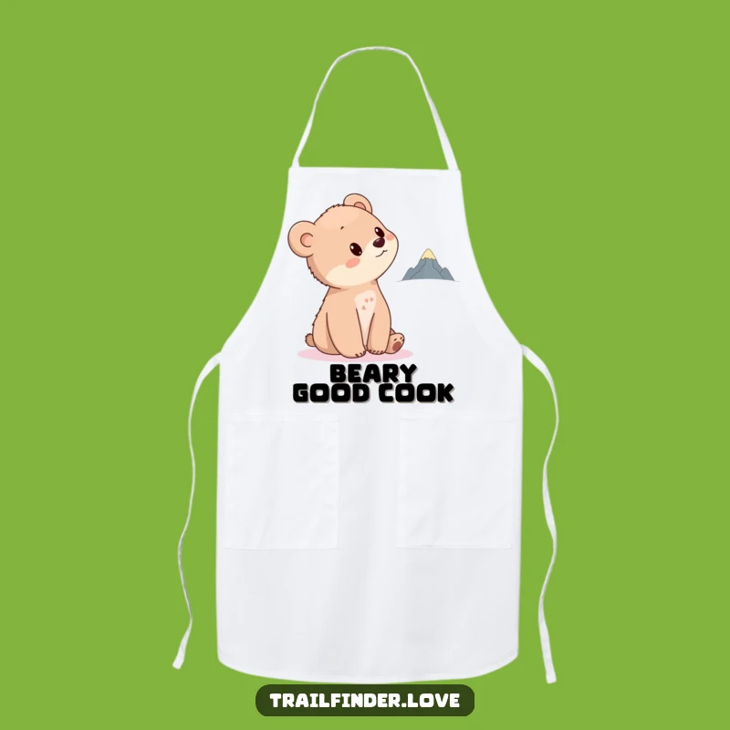 Funny Bear Cub Apron: Curious Cub Gazing at Tiny Mountain, Cheerful Funny Gift