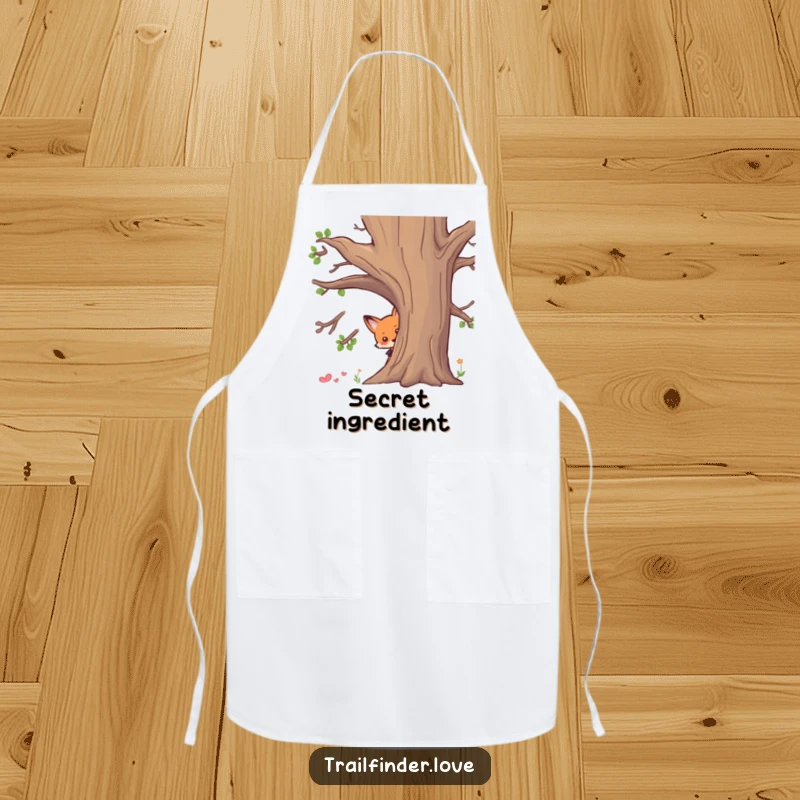 Funny apron featuring a curious fox character peeking from behind a tree, ideal for culinary adventures with a touch of mischief, great funny gift.