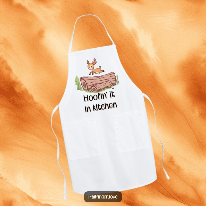 Funny chef apron featuring a spirited deer leaping over a log, adding energetic humor to cooking.