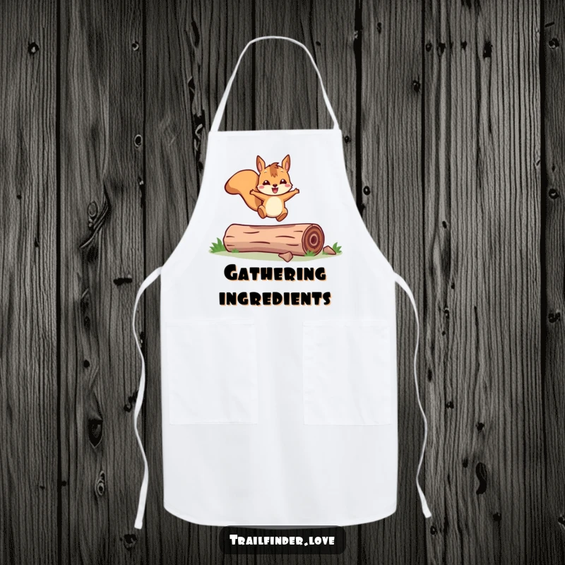 Funny apron showing a cheerful squirrel character joyfully leaping over a log, suitable for kitchen use or outdoor-themed events.