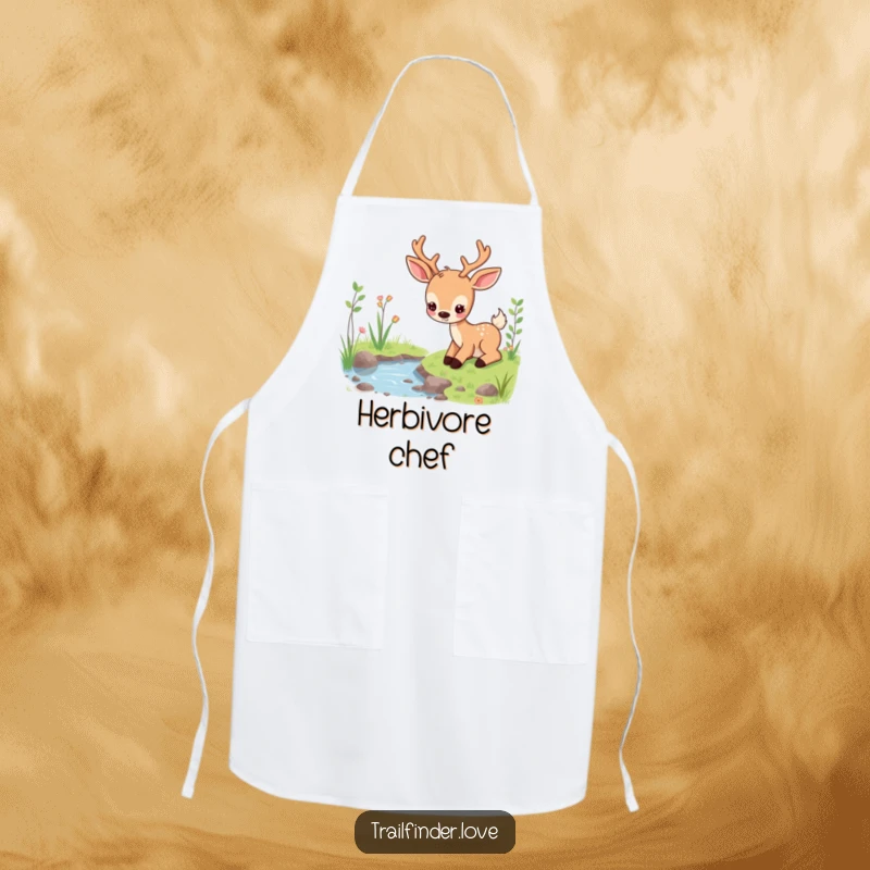 Funny apron featuring a content deer character peacefully grazing near a stream, ideal for kitchen tasks with a serene touch, great funny gift.