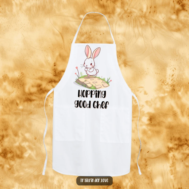 Funny Rabbit Apron showing a playful, large-eared bunny bounding up a winding, miniature path, adding a whimsical and cheerful element to kitchen wear.