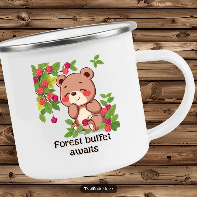 Funny camping mug with a playful bear character joyfully sniffing a berry bush, blending outdoor use with a love for nature's flavors.