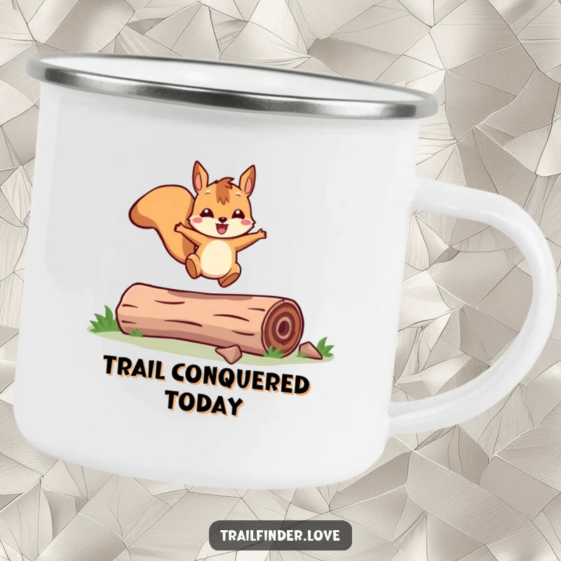 Funny camping mug with a cheerful squirrel character joyfully leaping over a log, blending outdoor use with playful woodland vibes.