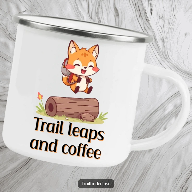 Funny enamel camping mug with a cheerful fox wearing a backpack, joyfully leaping over a log, for outdoor fun.