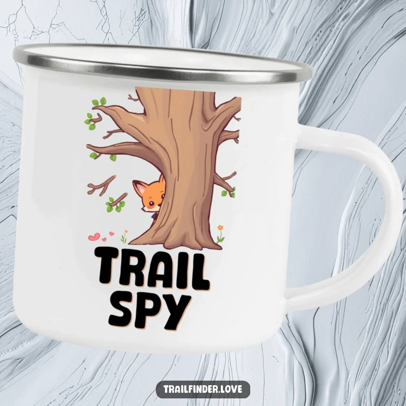 Funny camping mug featuring a curious fox character peeking from behind a tree, ideal for outdoor enthusiasts, perfect funny gift.