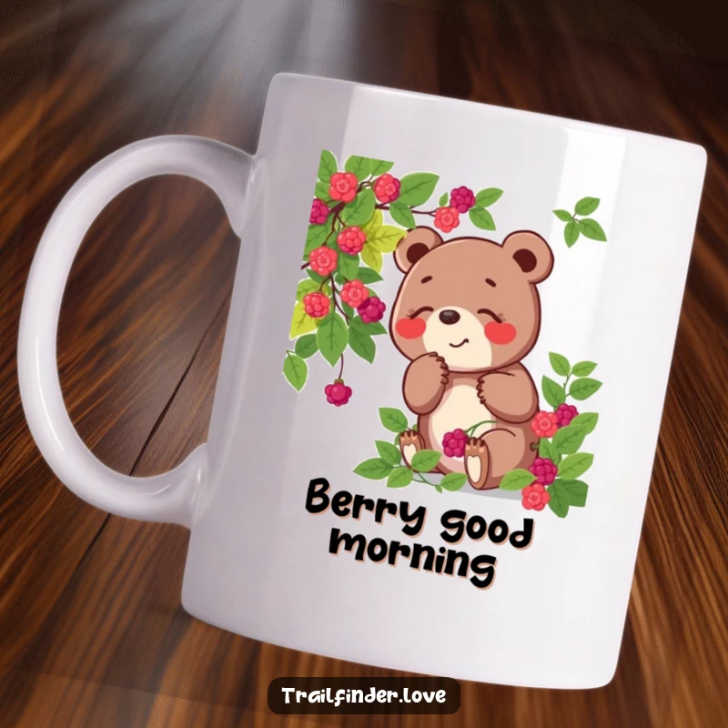 Funny mug featuring a playful bear character joyfully sniffing a wild berry bush, capturing a moment of delight and natural indulgence.