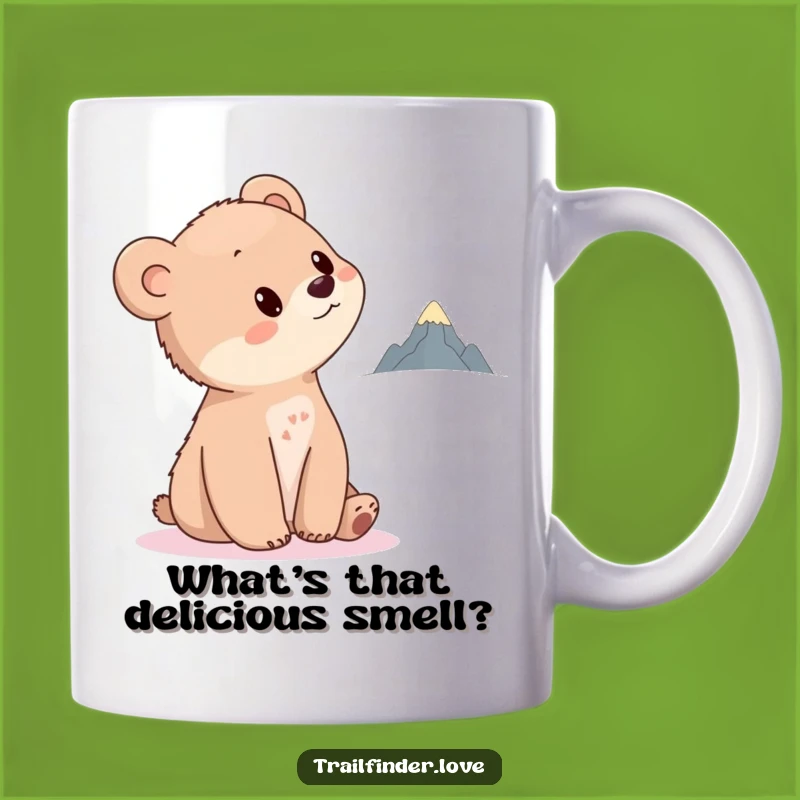Funny Bear Cub Mug: Curious Cub Gazing at Tiny Mountain, Perfect Funny Gift