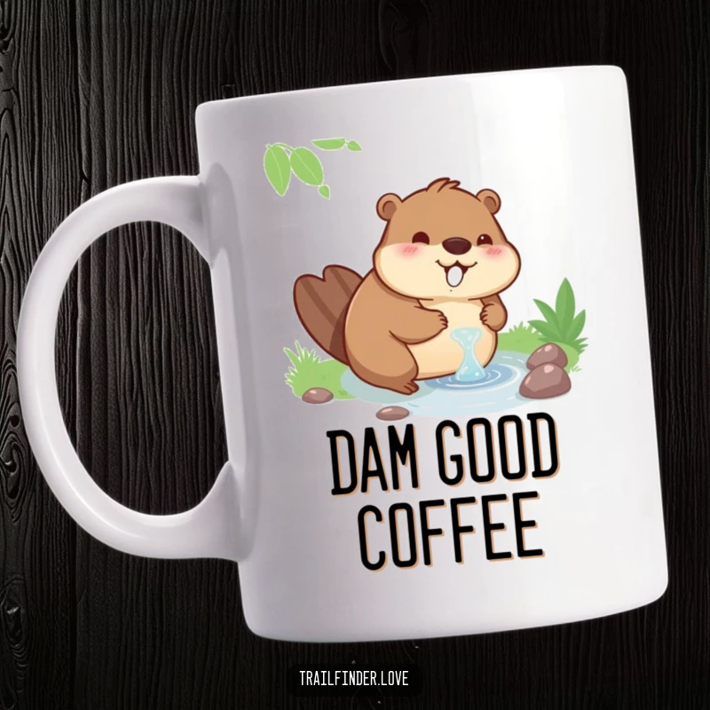 Funny mug featuring a contented cartoon beaver happily drinking water from a flowing stream, looking blissful.