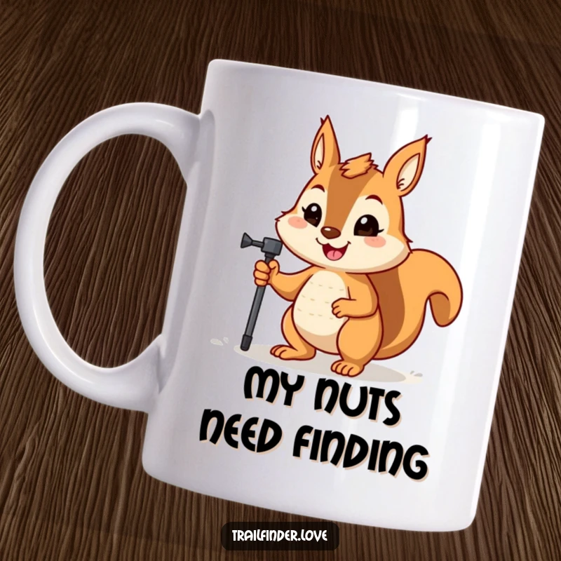 Funny mug shows a happy squirrel with a determined expression holding a hiking pole, ready for an adventure.