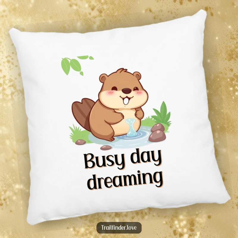 Funny decorative pillow showcasing a contented beaver happily drinking from a stream, perfect for cozy relaxation.