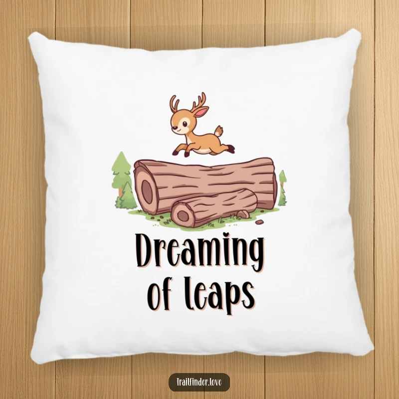 Funny decorative pillow with an energetic deer leaping over a log, bringing playful wildlife humor indoors.