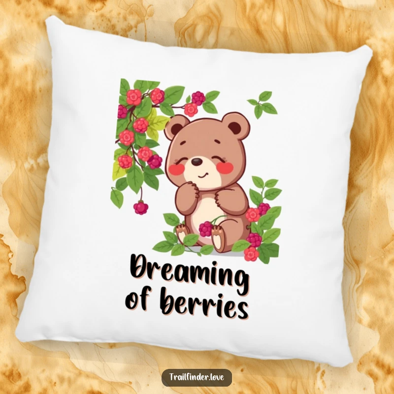 Funny pillow with a playful bear character joyfully sniffing a berry bush, providing soft comfort and a whimsical woodland theme.