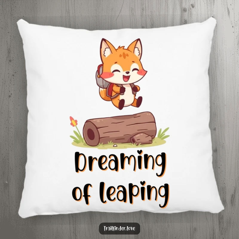 Funny pillow with a cheerful fox wearing a tiny backpack, joyfully leaping over a log, perfect for cozy adventures.