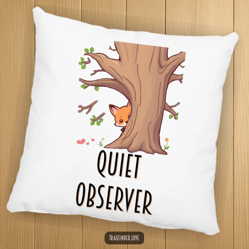 Funny pillow featuring a curious fox character peeking from behind a tree, offering comfort and a hint of mystery, wonderful funny gift.