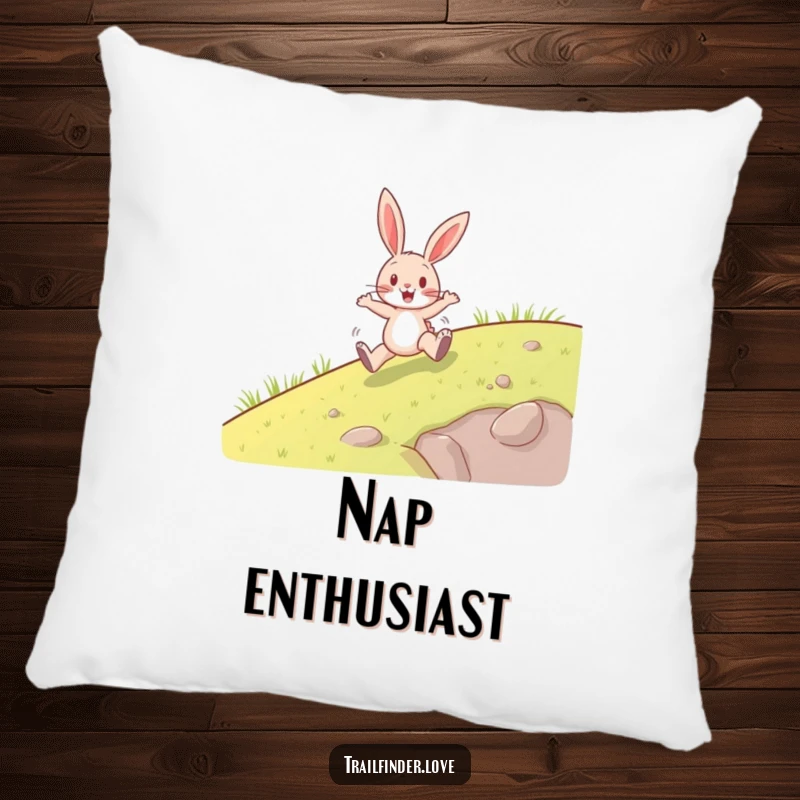 Funny pillow with a happy rabbit character enthusiastically hopping uphill, offering comfort and a dose of cheer, wonderful funny gift.