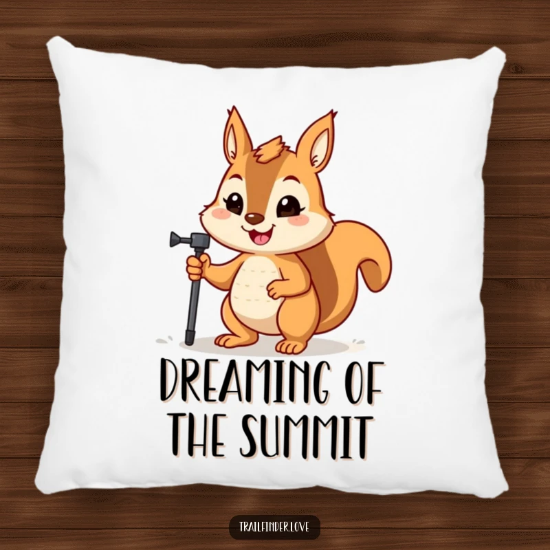 Funny pillow with a happy squirrel holding a hiking pole, its determined expression perfect for cozy adventures.