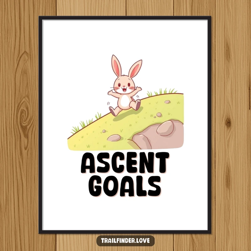 Funny digital art print of a happy rabbit character enthusiastically hopping uphill, full of life and motivation, perfect funny gift.