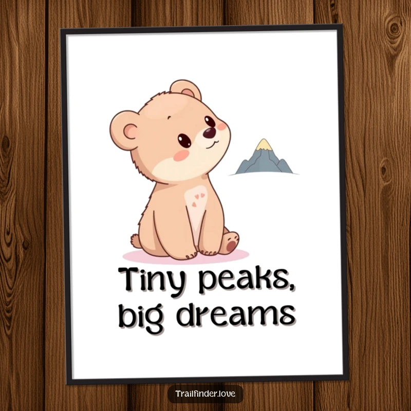 Funny Bear Cub Digital Art Print of a curious cub tilting its head towards a distant, tiny mountain, ready for immediate download and display.