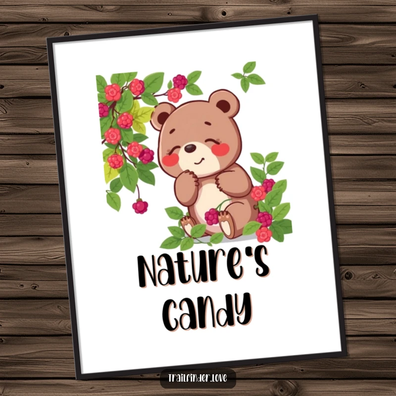Funny digital art print of a playful bear character joyfully sniffing a wild berry bush, capturing a moment of pure natural delight.