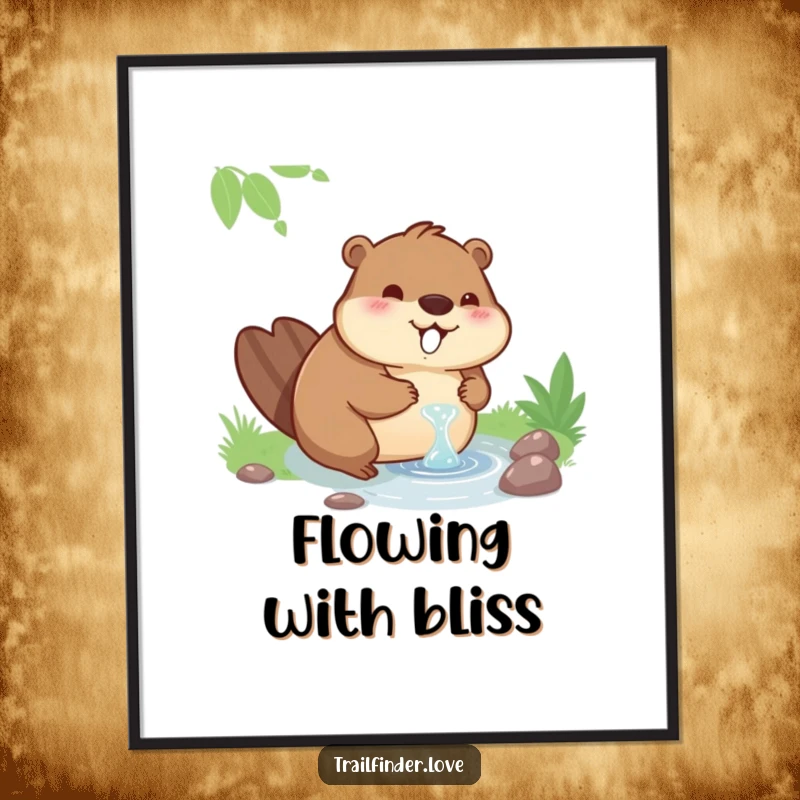 Funny digital art of a contented beaver character happily drinking from a stream, capturing a moment of pure bliss.