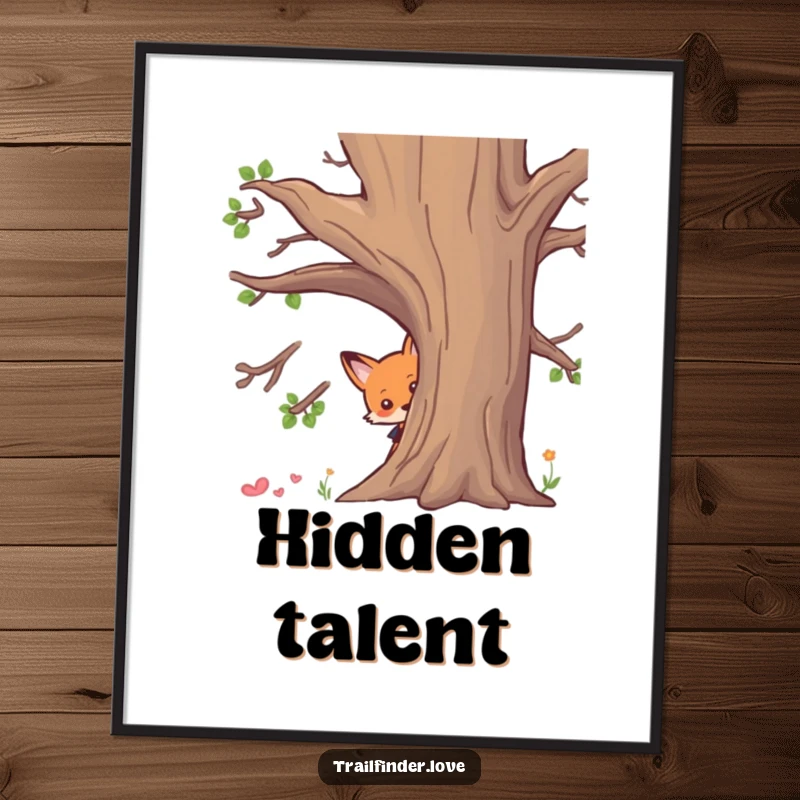 Funny digital art print of a curious fox character peeking from behind a tree, full of mystery and charm, perfect funny gift.