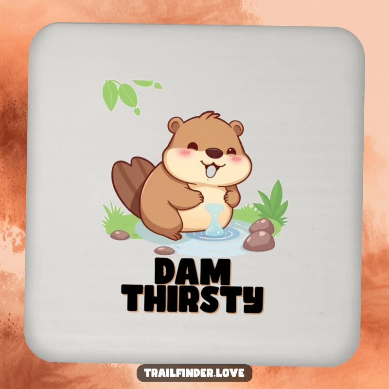 Funny drink coasters featuring a contented beaver drinking from a stream, adding a touch of relaxed humor.