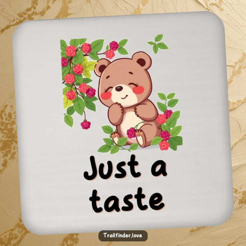 Funny coasters set showing a playful bear character joyfully sniffing a wild berry bush, offering quirky surface protection.