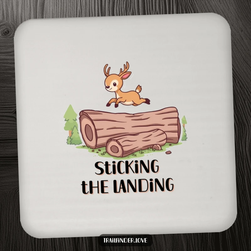 Funny drink coasters featuring a dynamic deer leaping over a log, adding a touch of wild humor.