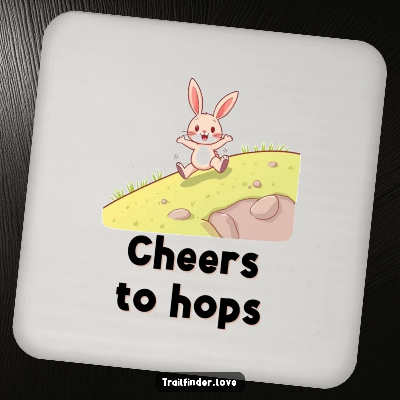 Funny drink coaster featuring a happy rabbit character hopping uphill, adding humor and protection to surfaces, ideal funny gift.