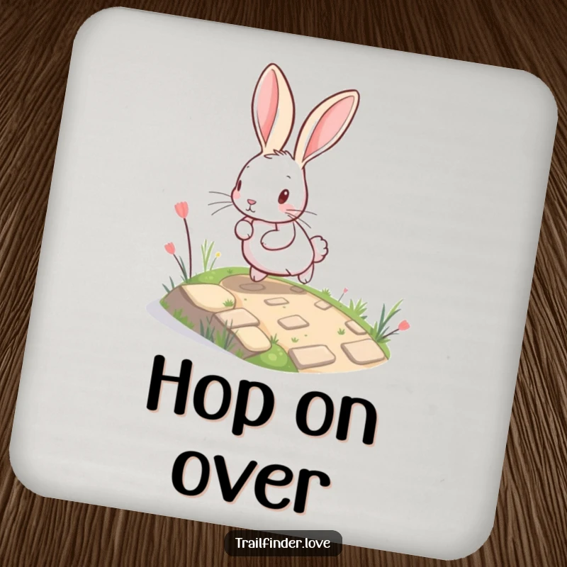Funny Rabbit Drink Coaster featuring a charming, big-eared bunny bounding up a winding, miniature path, protecting surfaces with a touch of whimsy.