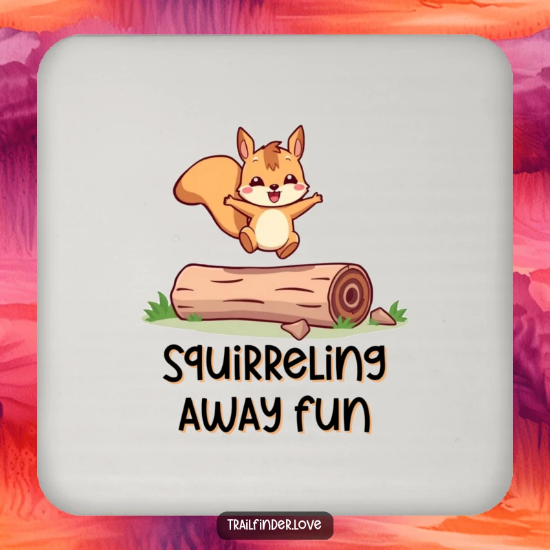 Funny coasters set showing a cheerful squirrel character joyfully leaping over a fallen log, offering quirky surface protection.