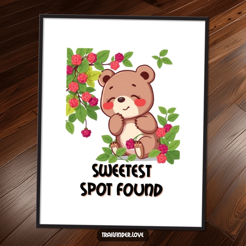 Funny poster of a playful bear character joyfully sniffing a wild berry bush, radiating sweetness and woodland charm.