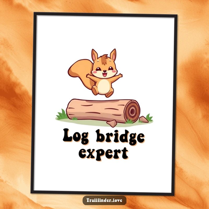 Funny poster of a cheerful squirrel character joyfully leaping over a fallen log, radiating energy and woodland charm.