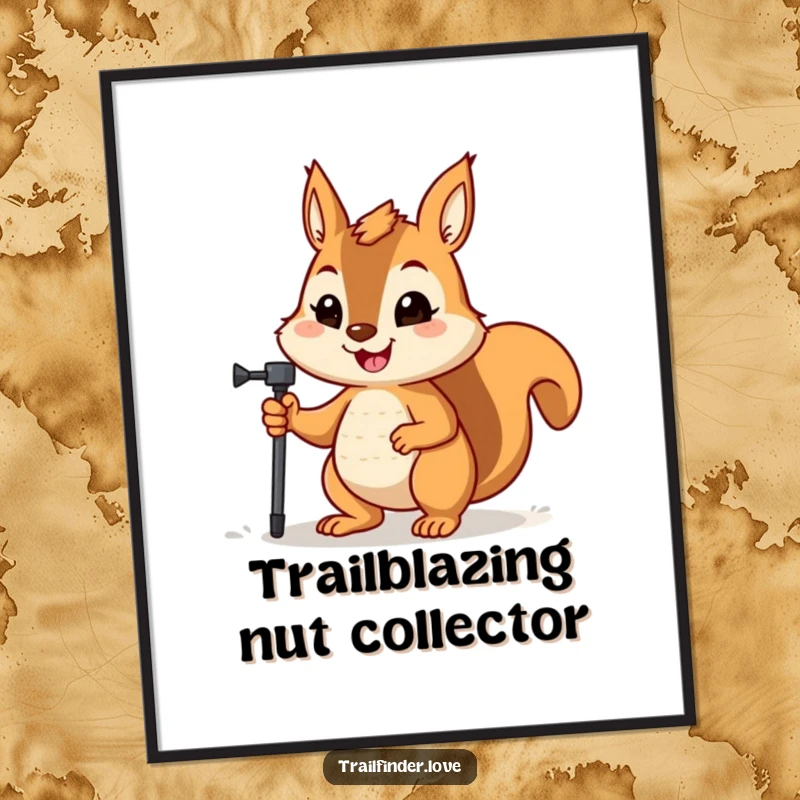 Funny poster art capturing a happy squirrel with a determined expression holding a hiking pole, ready for adventure.