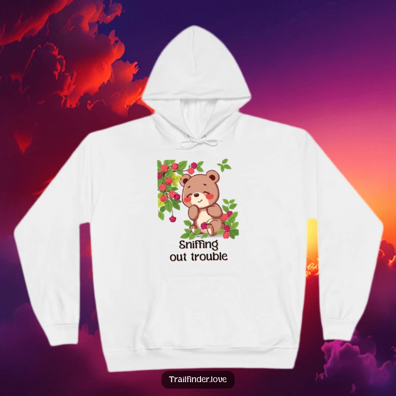 Funny hoodie with a playful bear character joyfully sniffing a berry bush, offering warmth and a touch of whimsical forest charm.