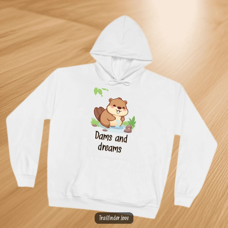 Funny and cozy hoodie featuring a contented beaver character peacefully drinking from a stream, radiating calm.