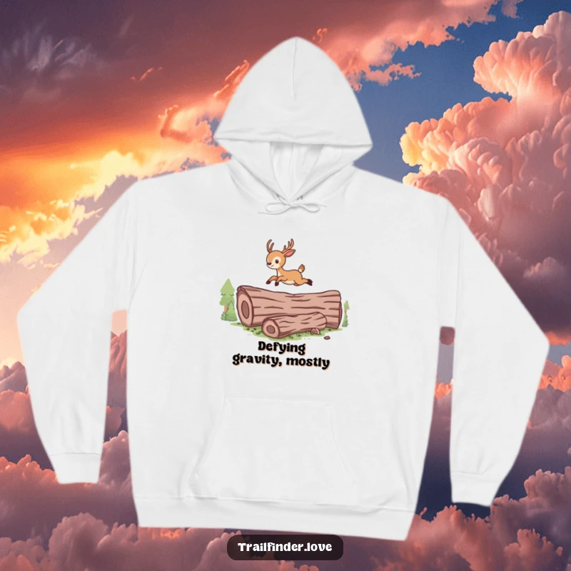 Funny hoodie with an energetic deer character triumphantly leaping over a fallen log, celebrating nature's joy.