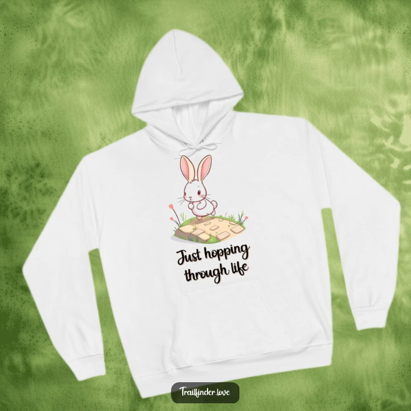 Funny Rabbit Hoodie depicting a cute, large-eared bunny energetically bounding up a winding, miniature path, ideal for a cozy and cheerful vibe.