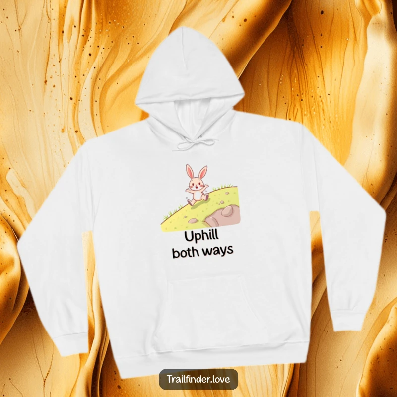 Funny hoodie displaying a happy rabbit character, enthusiastically hopping uphill, radiating pure joy and perseverance, excellent funny gift.