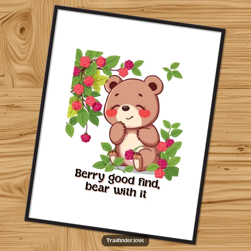 Funny Free Printable Wall Art: A playful bear character joyfully sniffing a wild berry bush, creating a charming and humorous nature-themed artwork.