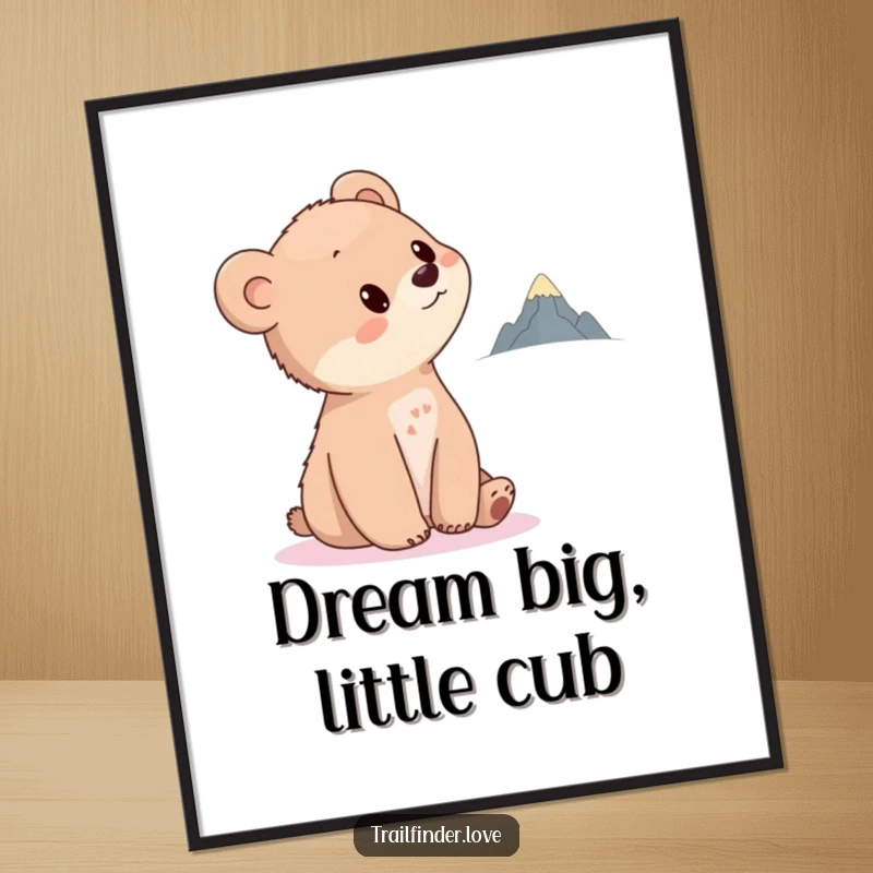 Funny Free Printable Wall Art: A small, curious bear cub tilts its head, gazing at a tiny mountain on the horizon. Whimsical downloadable art.