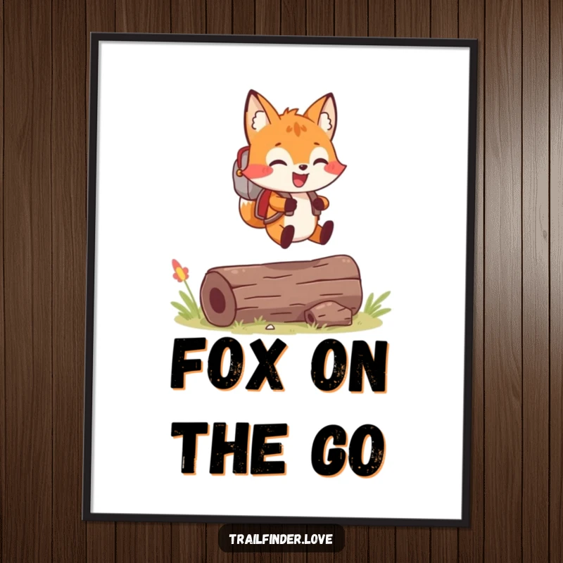 Funny Free Printable Wall Art: Cheerful fox with a small backpack joyfully leaping over a log, adventure awaits.