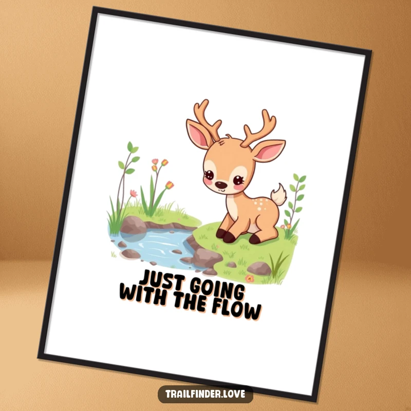 Calm Free Printable Wall Art: A content deer peacefully grazing near a stream, creating a relaxing and serene natural landscape.