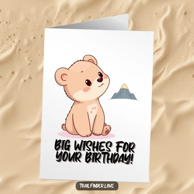 Funny Free Printable Birthday Card: A curious bear cub gazes intently at a faraway miniature mountain. Downloadable birthday wishes!