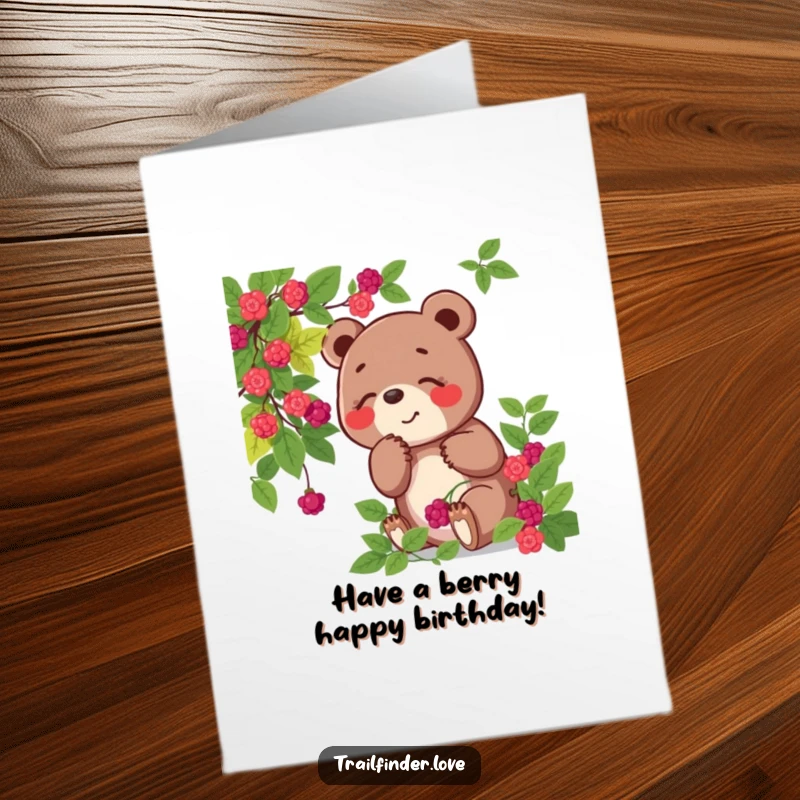 Funny Free Printable Birthday Card: A playful bear character happily sniffing a bush laden with ripe wild berries, showcasing pure delight.