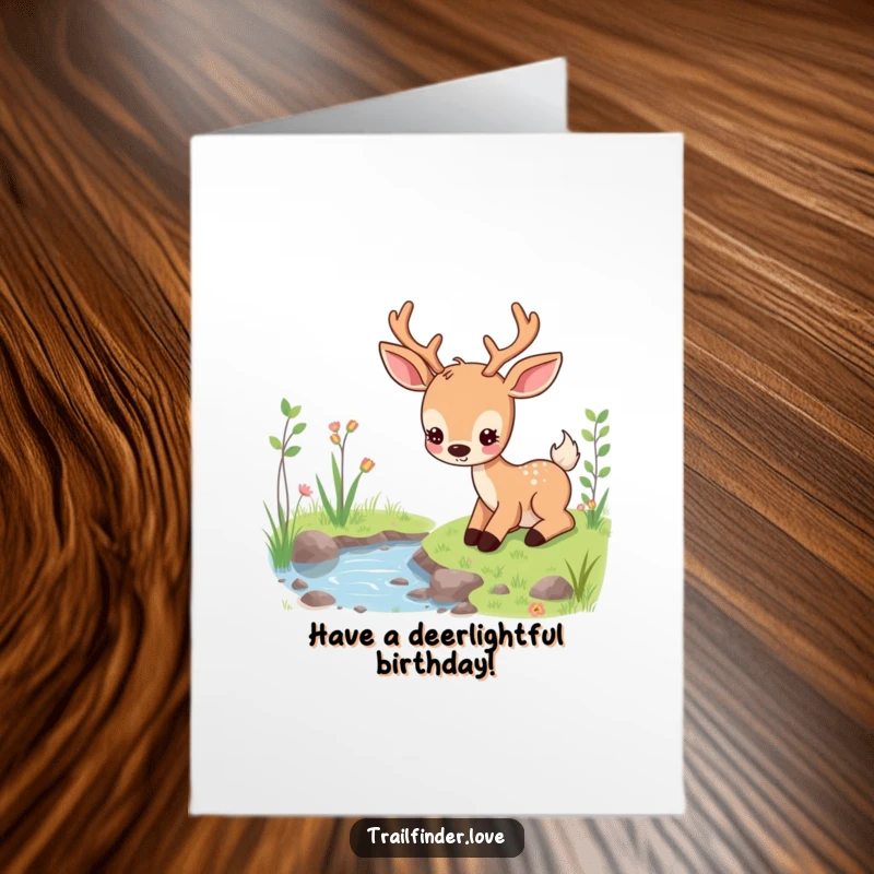 Calm Free Printable Birthday Card: A content deer peacefully grazing near a stream, embodying tranquility and gentle well wishes.