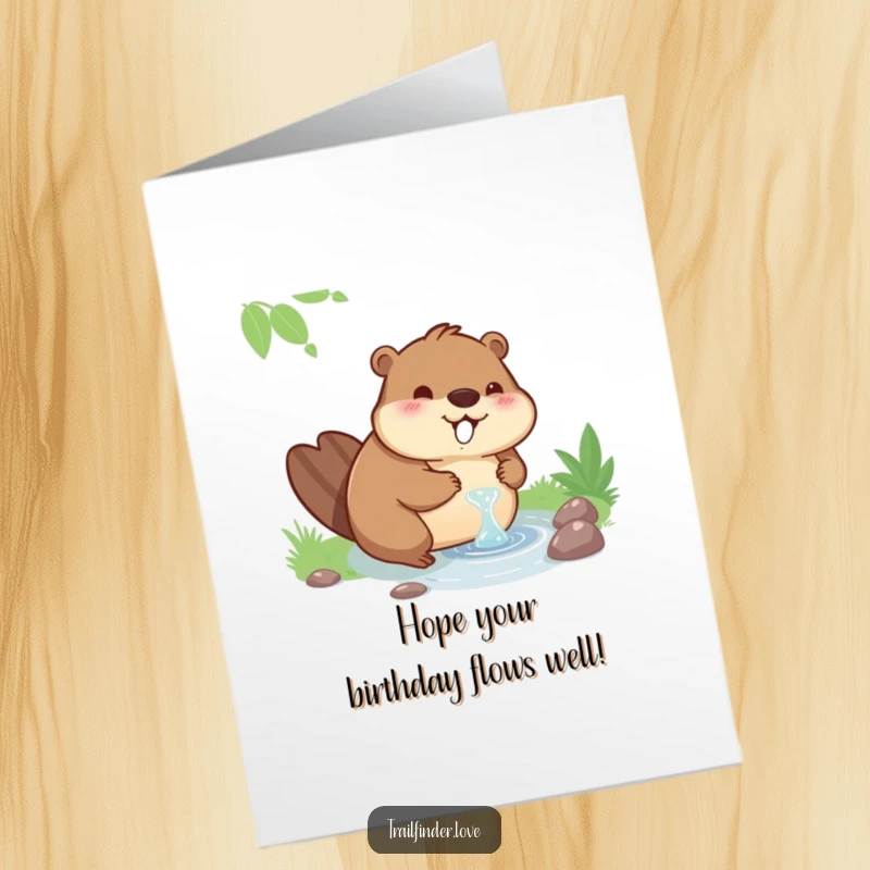 Funny Free Printable Birthday Card: A contented beaver character peacefully drinking from a stream, wishing a happy birthday with a smile.