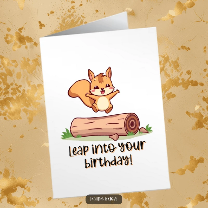 Funny Free Printable Birthday Card: A cheerful squirrel character joyfully leaping high over a mossy fallen log, embodying pure energy and fun.